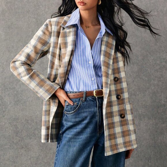 Multicolor Casual Women's Plaid Print Double-Breasted Long Sleeve Blazer Jacket - Picture 4 of 7